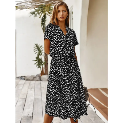 Robe Mi-Longue Bohème Motif Léopard Noir