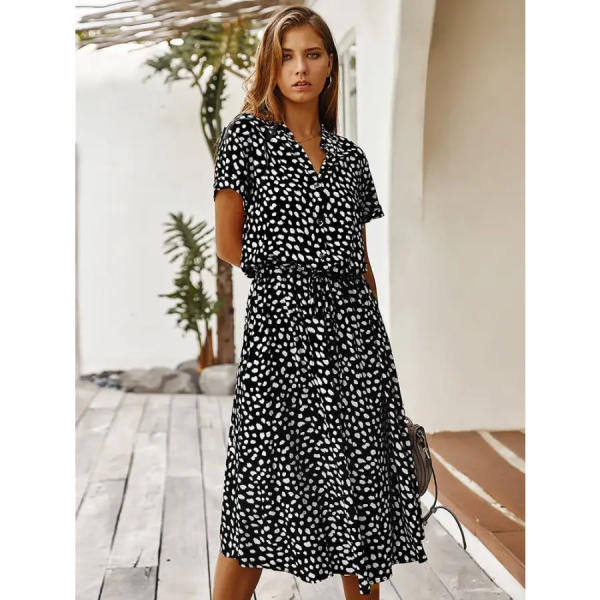 Robe Mi-Longue Bohème Motif Léopard Noir