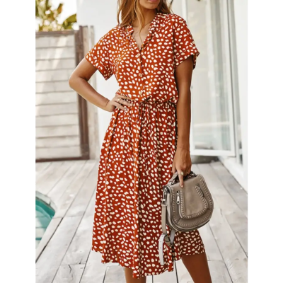 Robe Mi-Longue Bohème Motif Léopard Orange