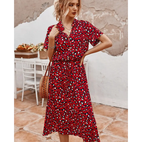 Robe Mi-Longue Bohème Motif Léopard Rouge