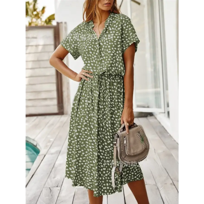Robe Mi-Longue Bohème Motif Léopard Vert